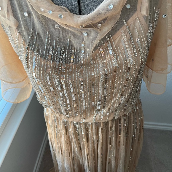 Mac Duggal Embellished Cowl Neck Flutter Sleeve Mesh Ankle Dress - Picture 5 of 16